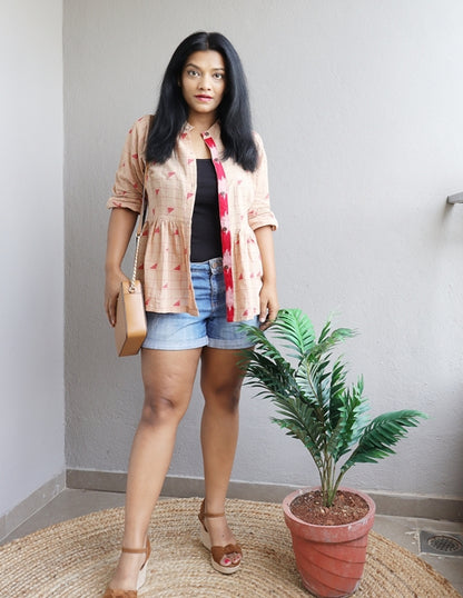 Beige and Red Handloom Cotton Fit and Flare Top