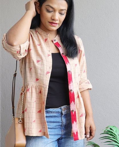 Beige and Red Handloom Cotton Fit and Flare Top