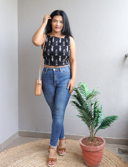 Black Fish Printed Handloom Crop Top (Blouse)