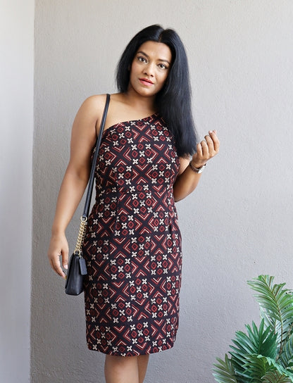 Black Block Printed Handloom Cotton One Shoulder Dress