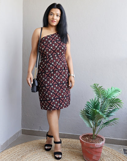 Black Block Printed Handloom Cotton One Shoulder Dress