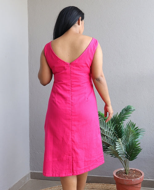 Hot Pink Handloom Cotton V Back Sheath Dress