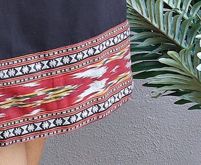 Black Handloom Cotton V Back Sheath Dress With Red Ikat Border