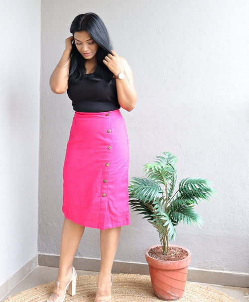 Hot Pink Handloom Cotton Pencil Skirt