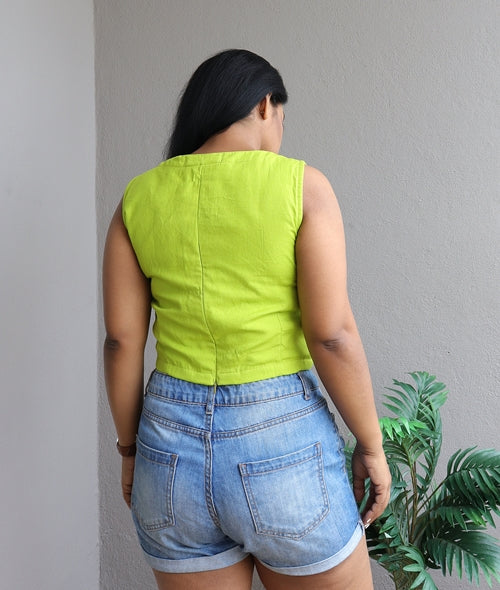 Neon Green Handloom Cotton Crop Top (Blouse)