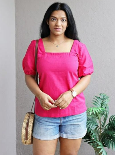 Hot Pink Handloom Cotton Square Neck Top