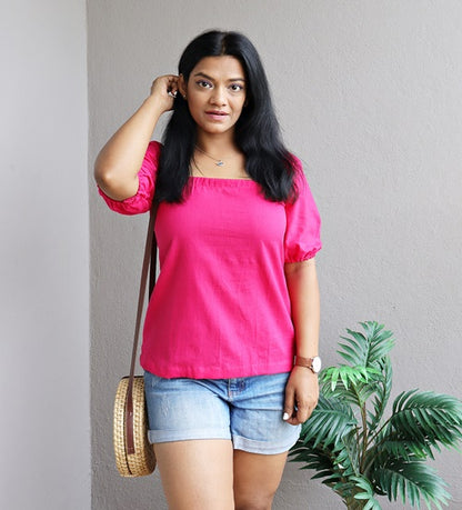 Hot Pink Handloom Cotton Square Neck Top