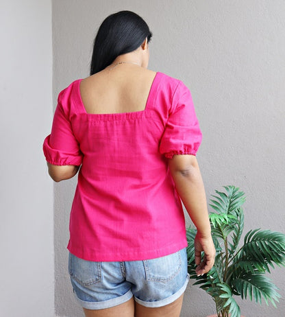 Hot Pink Handloom Cotton Square Neck Top