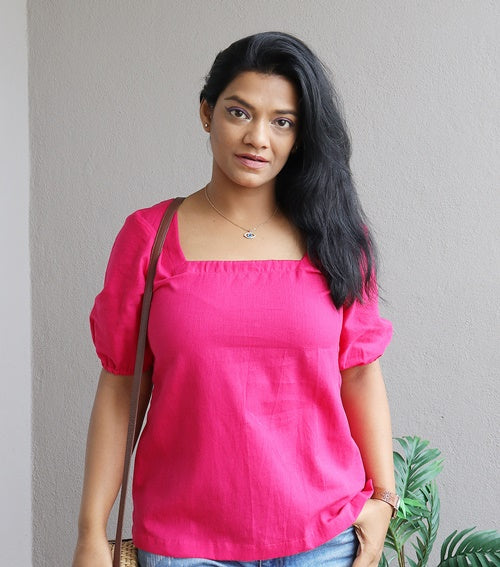 Hot Pink Handloom Cotton Square Neck Top