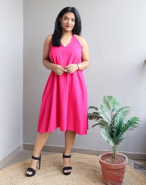 Hot Pink A Line Halter Neck Handloom Cotton Dress