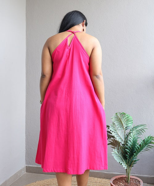 Hot Pink A Line Halter Neck Handloom Cotton Dress