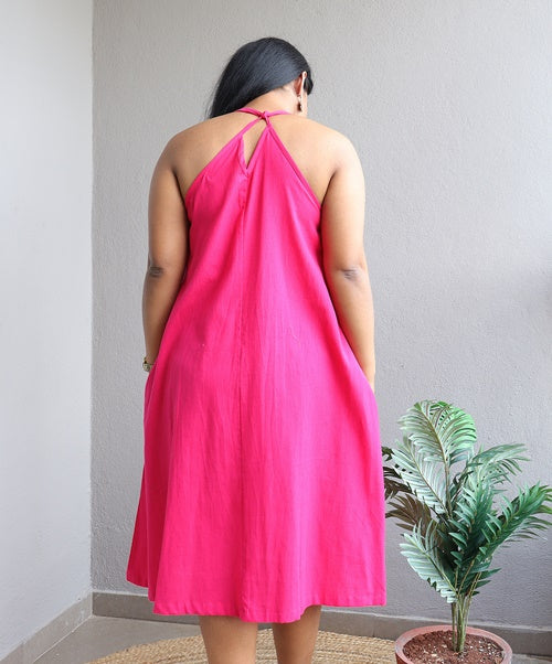 Hot Pink A Line Halter Neck Handloom Cotton Dress – Madhurima Bhattacharjee