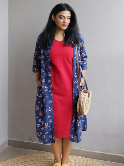 Indigo and Red Set of Two Dresses Handloom Cotton