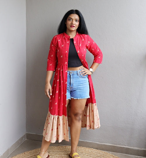 Red Handloom Cotton Long Line Jacket with Beige Border