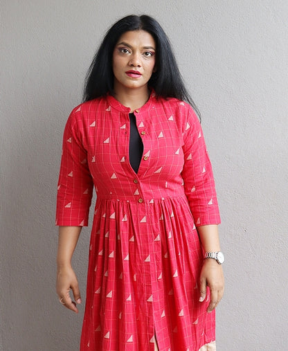 Red Handloom Cotton Long Line Jacket with Beige Border