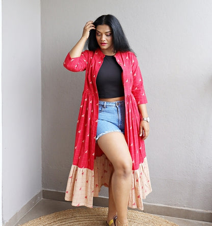 Red Handloom Cotton Long Line Jacket with Beige Border