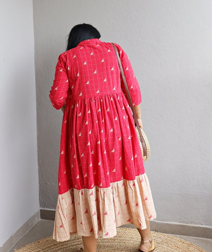 Red Handloom Cotton Long Line Jacket with Beige Border
