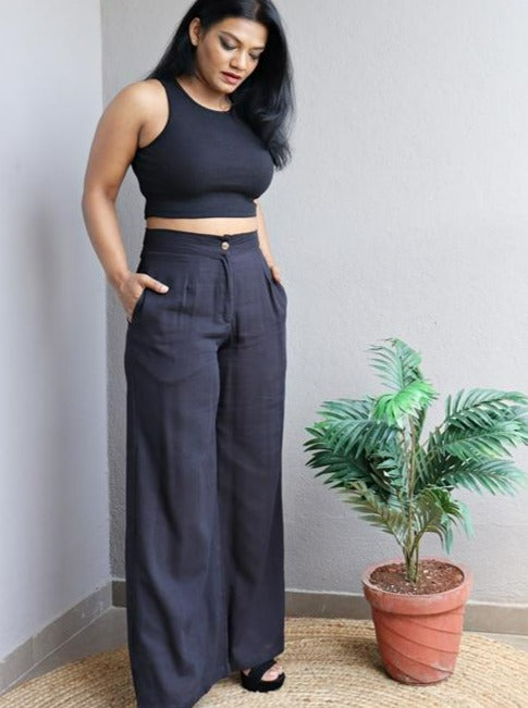 Black Handloom Cotton Wide Leg Pants