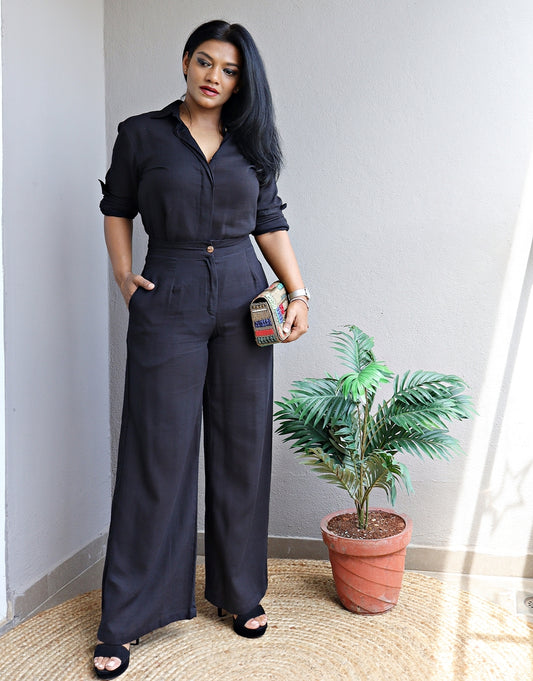 Co-Ord Set Black Linen Shirt and Handloom Cotton Wide Leg Pants