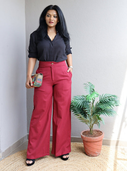 Black Linen Shirt and Maroon Wide Leg Pants