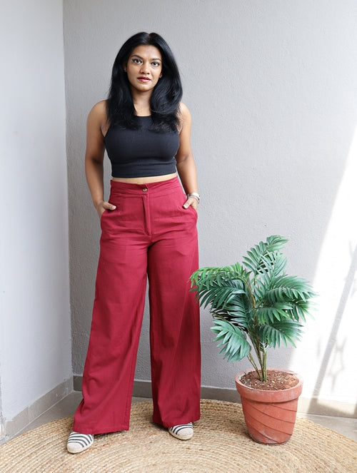 Maroon Handloom Cotton Wide Leg Pants