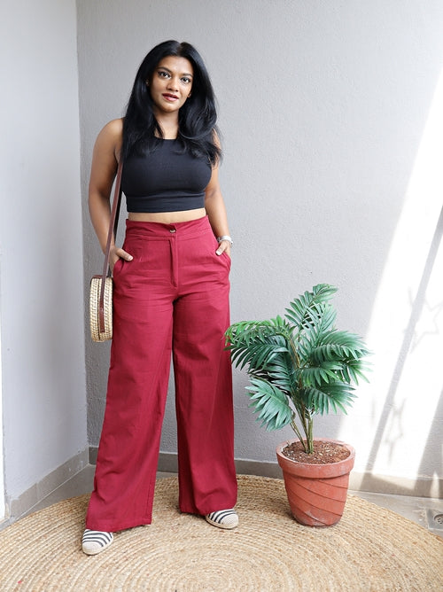 Maroon Handloom Cotton Wide Leg Pants