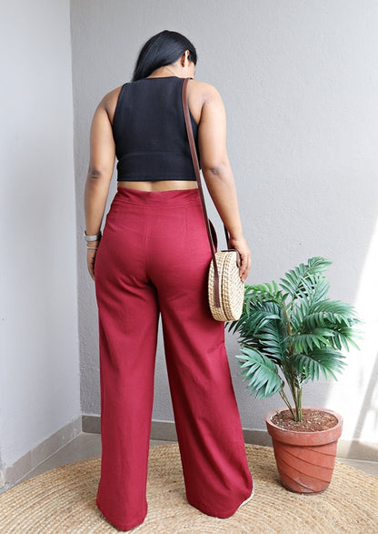 Maroon Handloom Cotton Wide Leg Pants