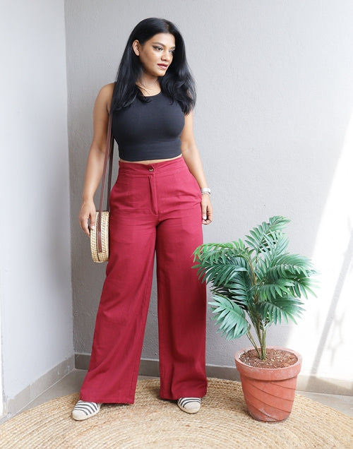 Maroon Handloom Cotton Wide Leg Pants