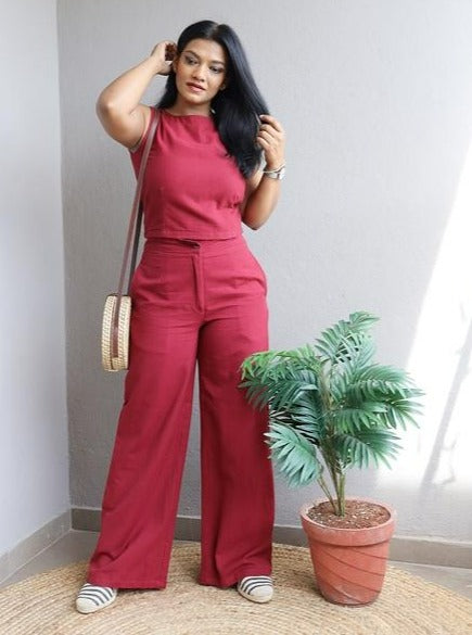 Co-Ord Set Maroon Crop Top and Wide Leg Pants