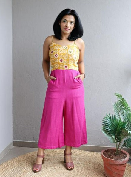 Yellow and Pink Cropped Jumpsuit
