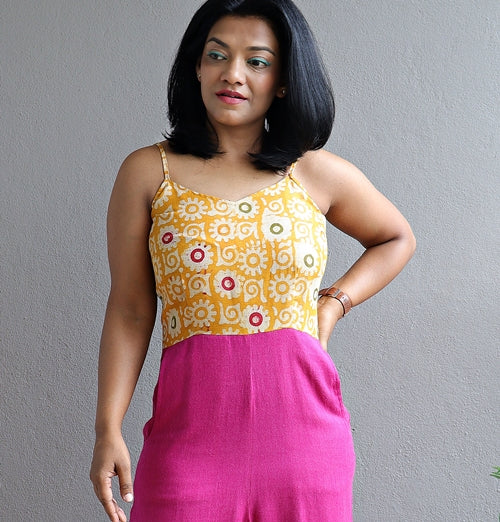 Yellow Batik Silk and Purple Linen Cotton Cropped Jumpsuit