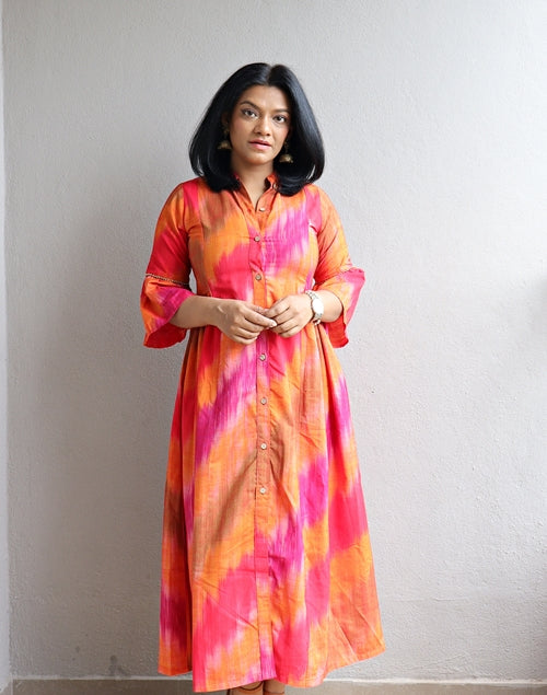Orange Ikat Cotton Silk Ankle Length Maxi Dress