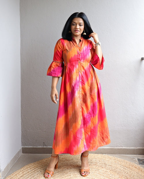 Orange Ikat Cotton Silk Ankle Length Maxi Dress
