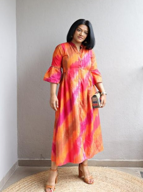 Orange and Pink Ikat Cotton Silk Maxi Dress