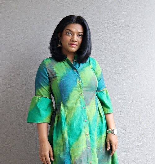 Green Ikat Cotton Silk Ankle Length Maxi Dress Green Ikat Cotton Silk Ankle Length Maxi Dress