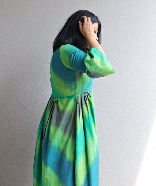 Green Ikat Cotton Silk Ankle Length Maxi Dress
