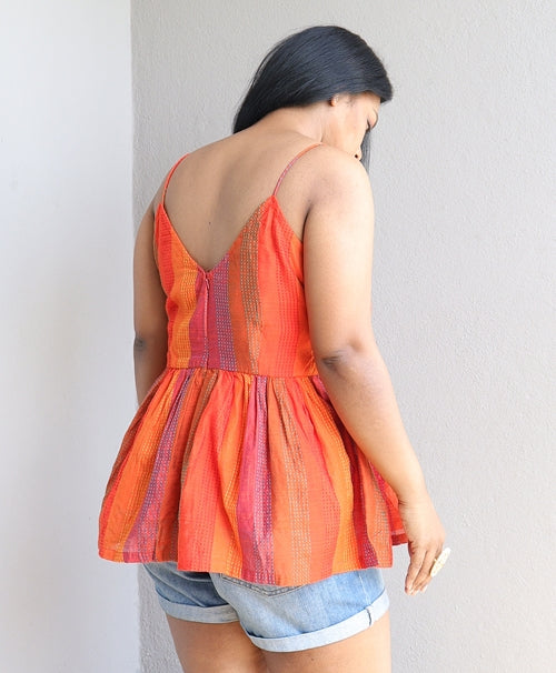 Orange and Pink Kantha Work Peplum Top