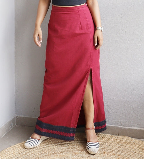 Maroon Handloom Cotton Maxi Skirt With Black Border Madhurima Bhattacharjee