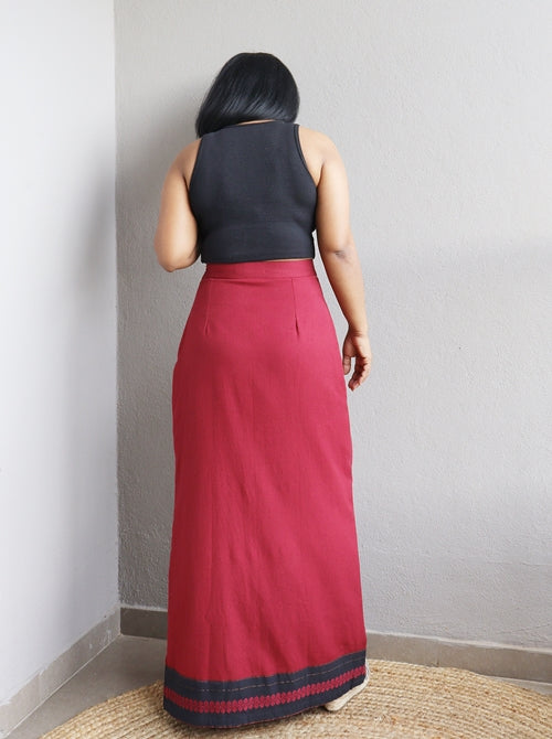 Maroon Handloom Cotton Maxi Skirt With Black Border