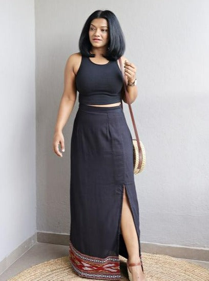 Black Handloom Cotton Maxi Skirt With Slit