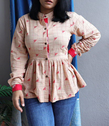 Beige and Red Handloom Cotton Fit and Flare Top