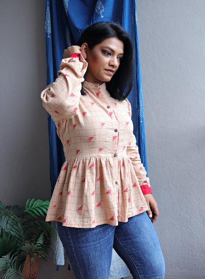 Beige and Red Handloom Cotton Fit and Flare Top