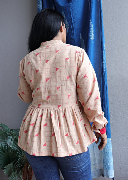 Beige and Red Handloom Cotton Fit and Flare Top