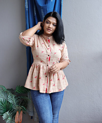 Beige and Red Handloom Cotton Fit and Flare Top