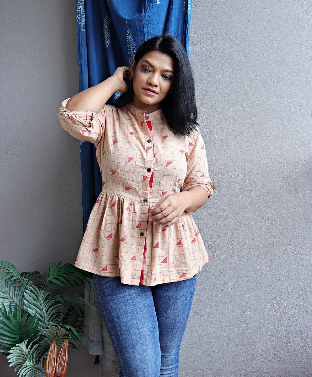 Beige and Red Handloom Cotton Fit and Flare Top – Madhurima Bhattacharjee