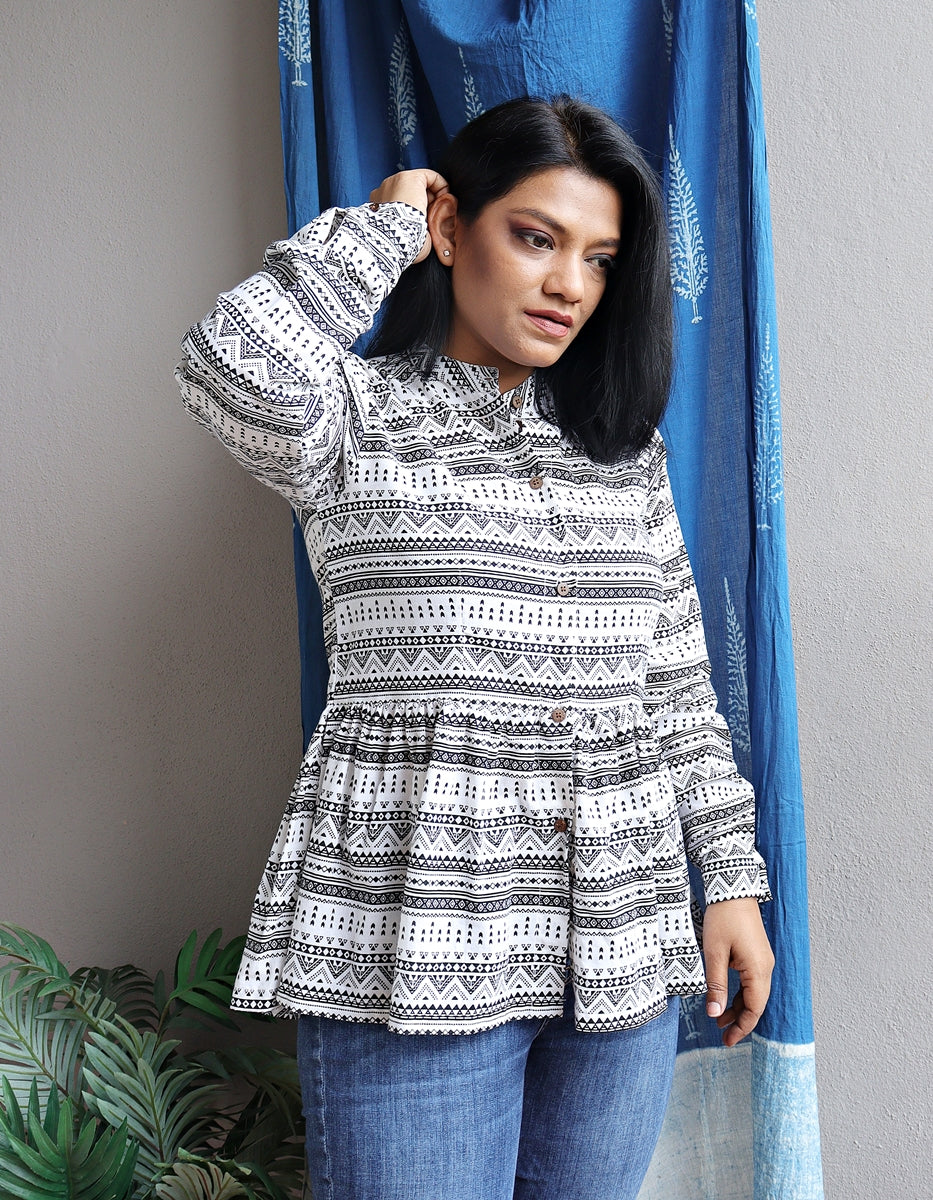 Aztec White Block Printed Fit and Flare Cotton Top