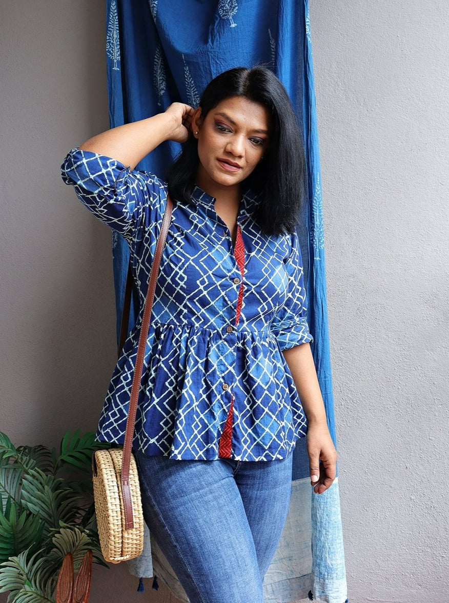 Indigo Block Printed Fit and Flare Cotton Top
