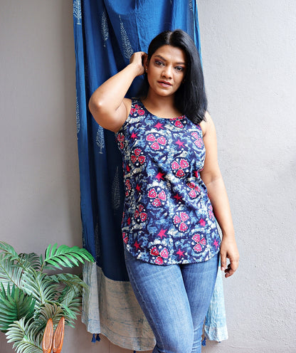 Indigo and Pink Printed Cotton Shell Top