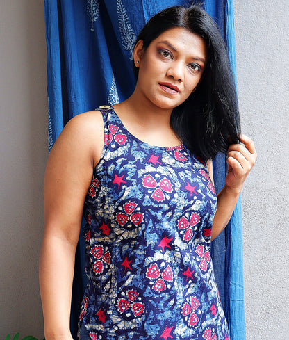 Indigo and Pink Printed Cotton Shell Top