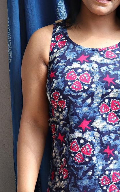 Indigo and Pink Printed Cotton Shell Top